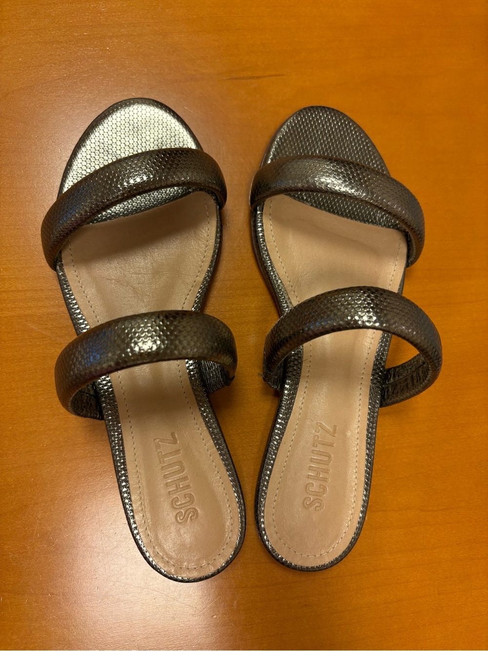 Schutz Metallic Silver Double-Strap Slide Sandals
